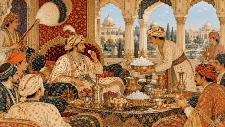 Royal Mughal court scene with heritage sweetness and ceremonial splendour